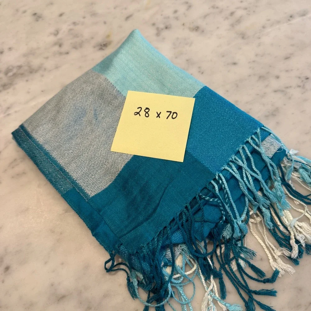 Pashmina‎ Blue Teal Colorblock Plaid Scarf Shawl Wrap with Fringe 28x70